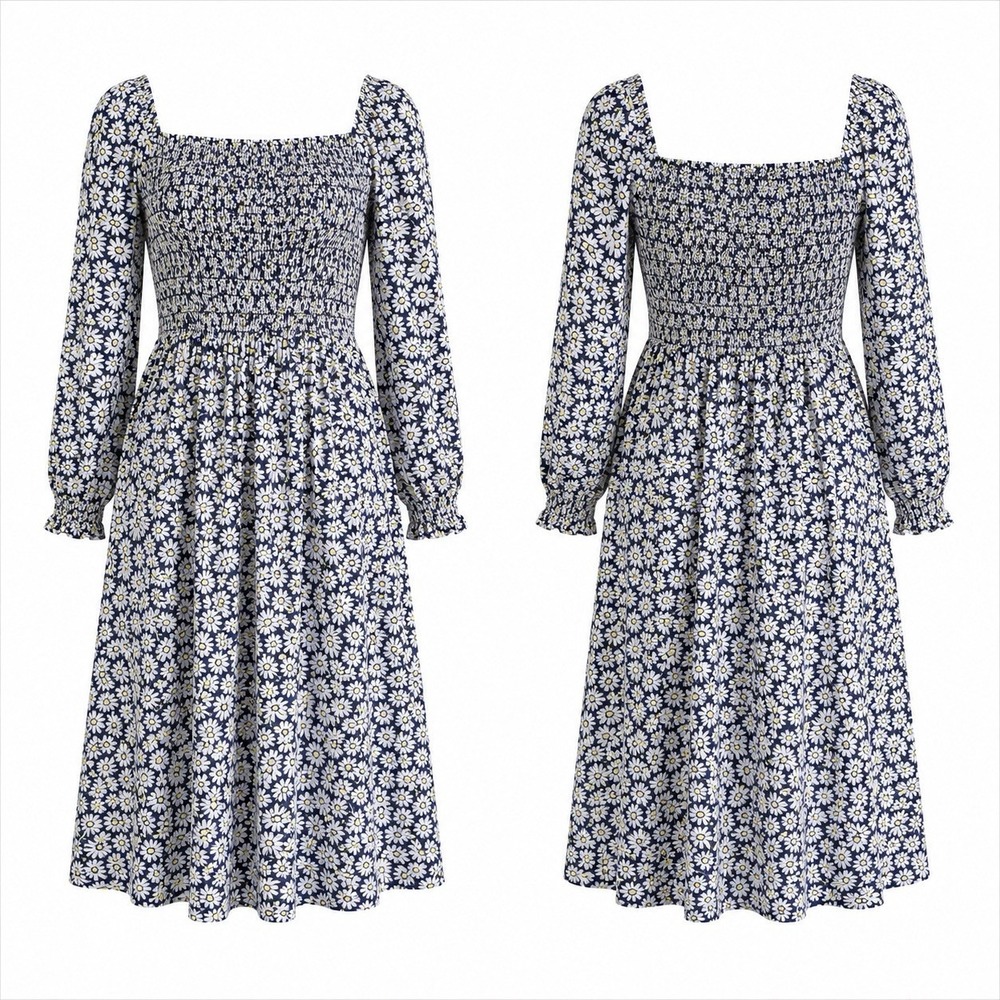 J Crew Midi Dress Daisy Floral Cottagecore Sz M Smocked Long Sleeve Viscose